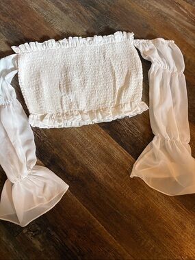 Mimosa White Off-Shoulder Smocked Crop Top with Sheer Bishop Sleeves size m